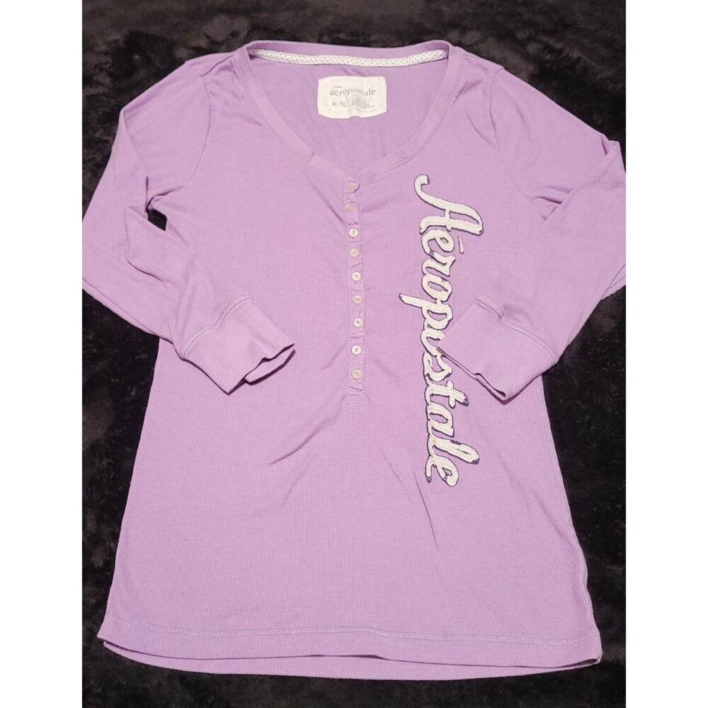 Vintage Y2K Aeropostale V Neck Button Henley Purple Ribbed 3/4 Sleeve Women's XL